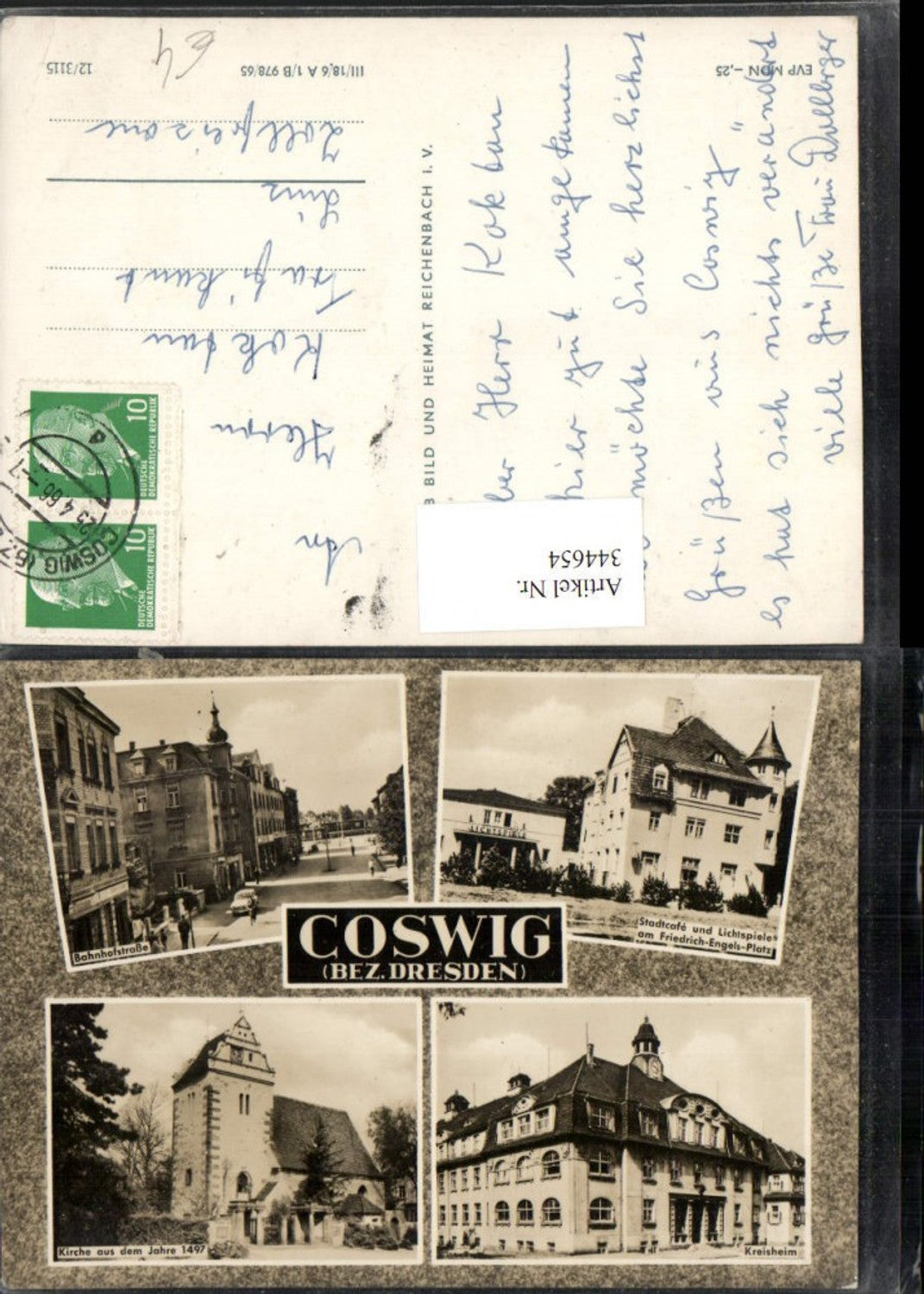 344654,Coswig Bahnhofstraße Stadtcafe u. Lichtspiele Kreisheim Kirche Mehrbildkarte