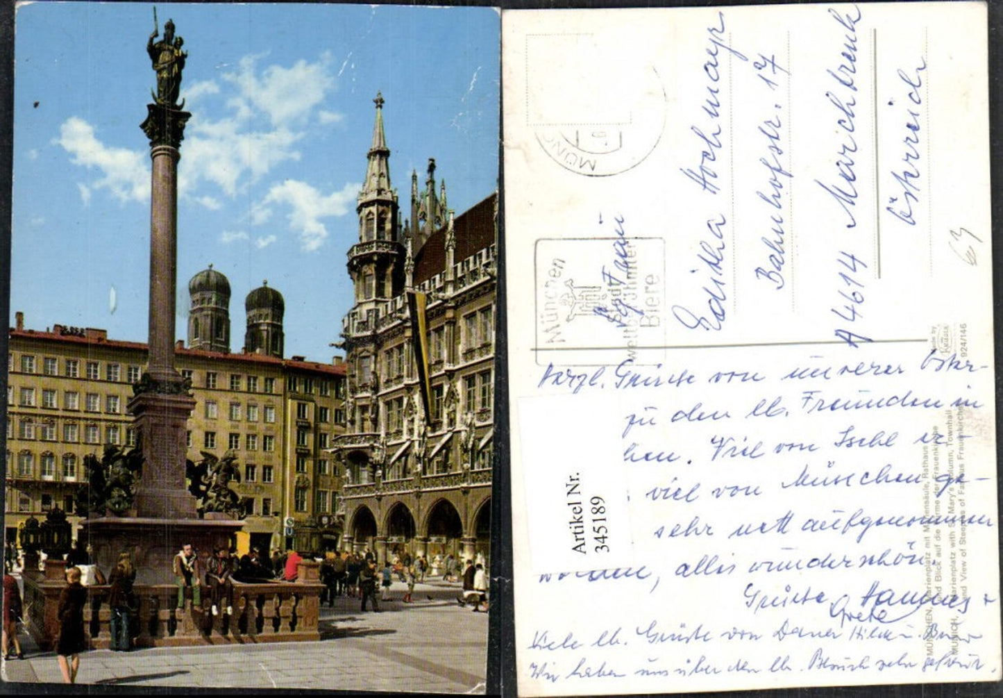 345189,München Marienplatz m. Mariensäule Rathaus u. Kirchentürme