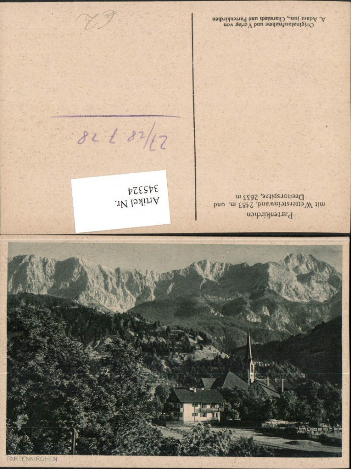 345324,Partenkirchen Kirche m. Wettersteinwand u. Dreitorspitze Bergkulisse