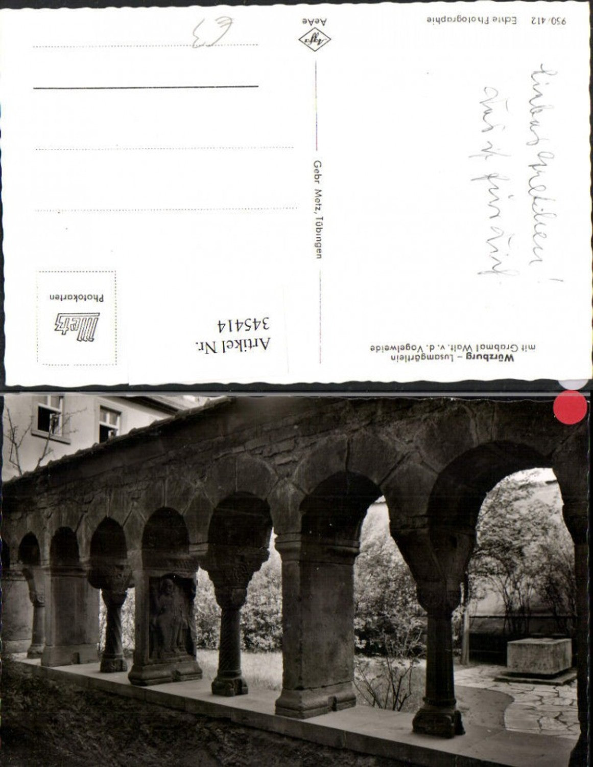 345414,Würzburg Lusamgärtlein m. Grabmal Walt. v. d. Vogelweide Arkaden