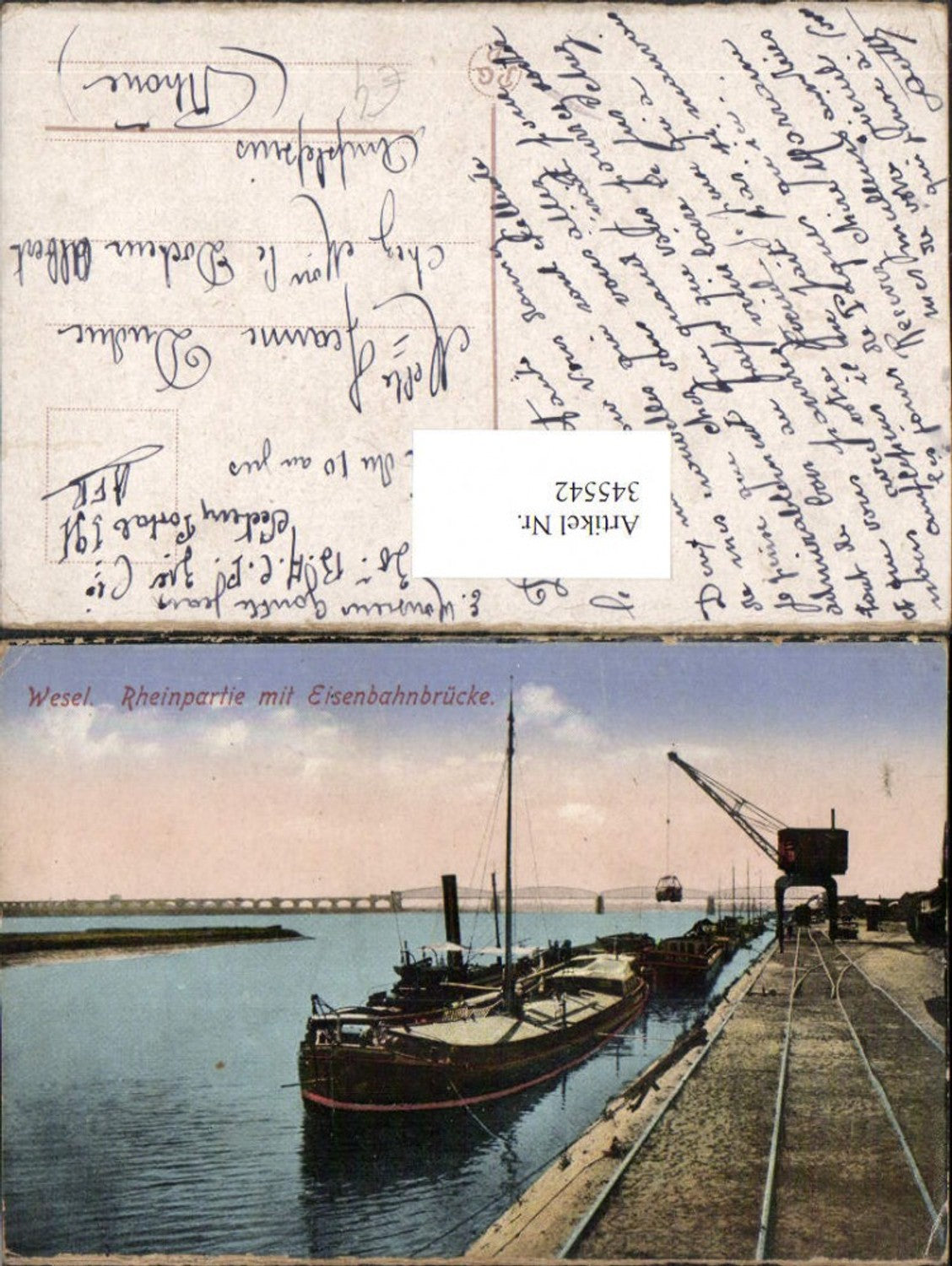 345542,Wesel am Rhein Partie m. Eisenbahnbrücke Transportschiff