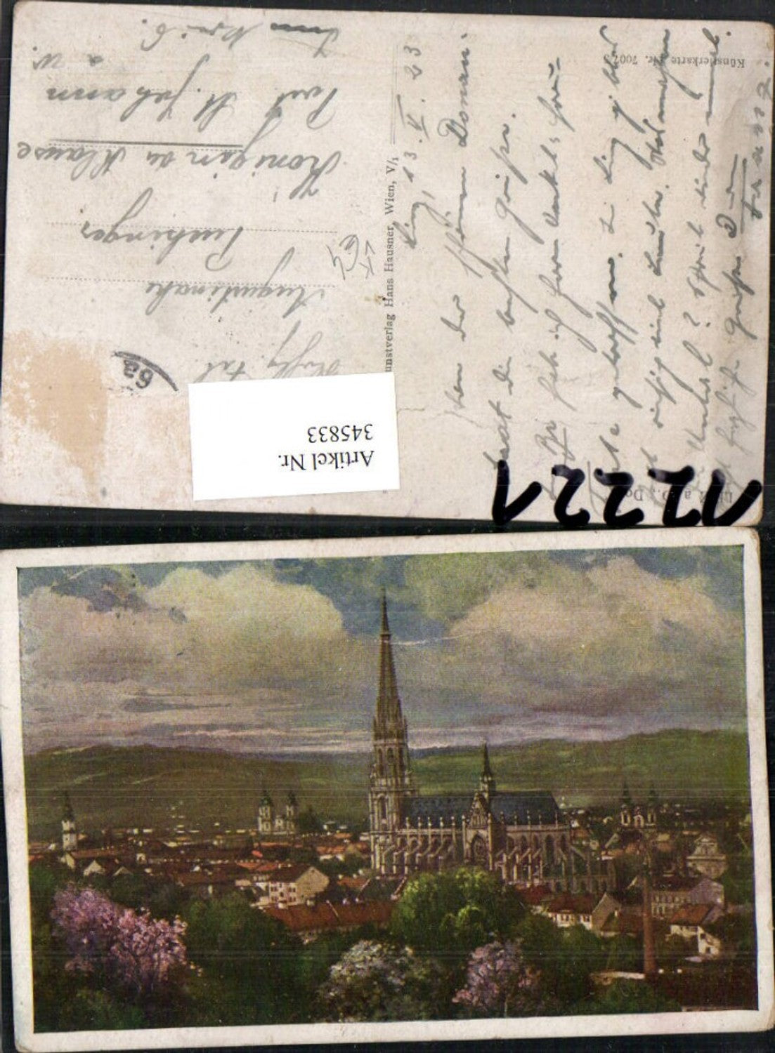 345833,Künstler AK Linz an d. Donau Teilansicht Kirche pub Hans Hausner 7007/5