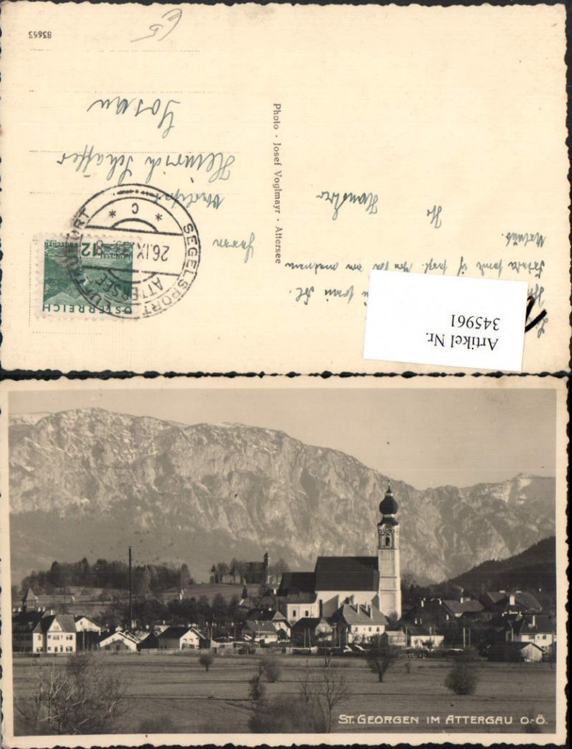 345961,St. Georgen im Attergau Teilansicht Kirche Bergkulisse