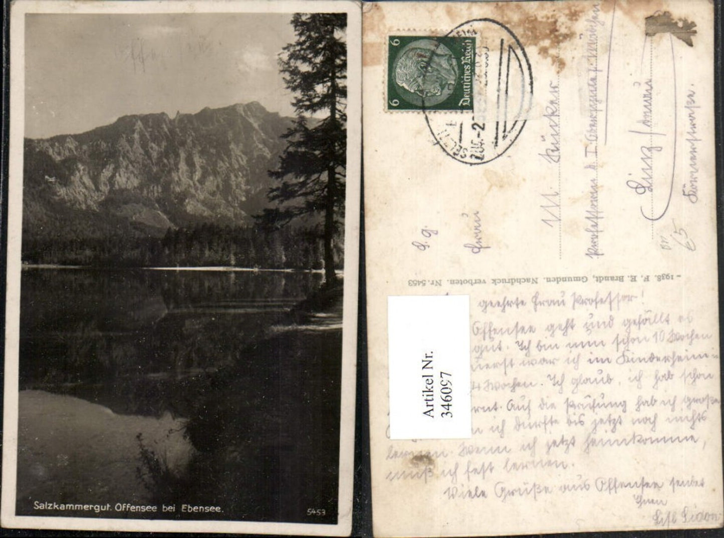 346097,Offensee See b. Ebensee Bergkulisse Bahnpost Selzthal pub F. E. Brandt 5453