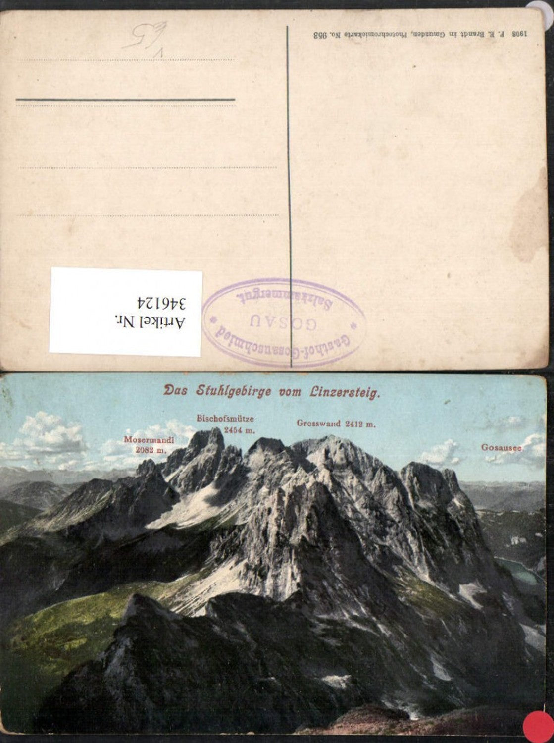 346124,Stuhlgebirge vom Linzersteig b. Gosau Bergkulisse pub F. E. Brandt 953