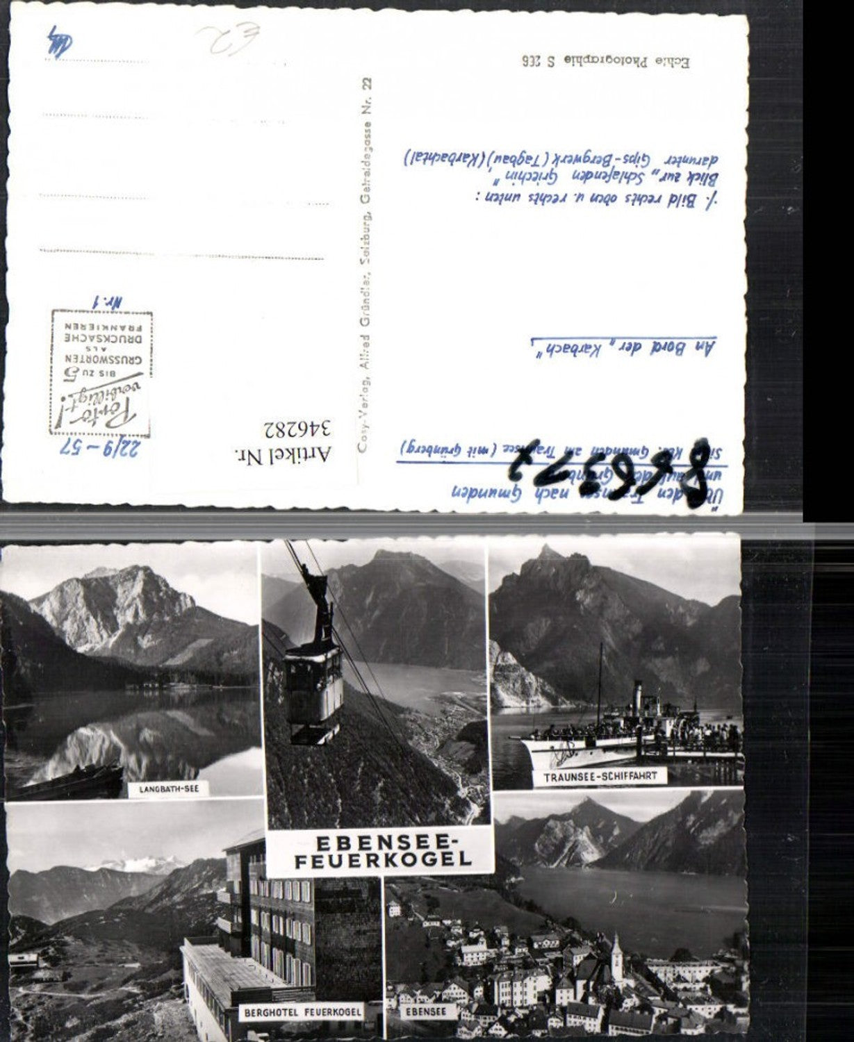 346282,Ebensee Totale Dampfer Berghotel Feuerkogel Seilbahn See Mehrbildkarte