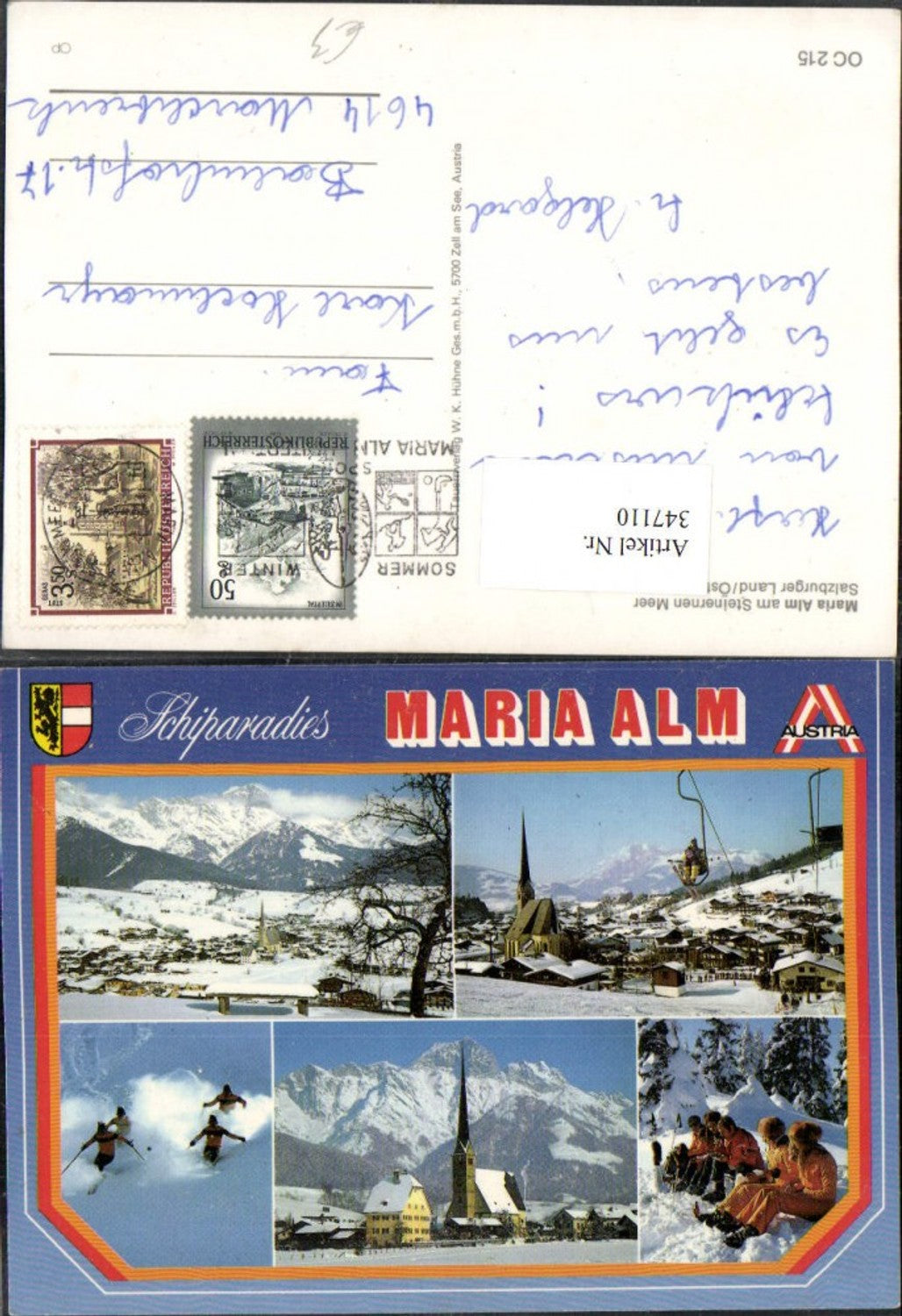 347110,Maria Alm Totale Sessellift Kirche Skifahrer Winterbilder Mehrbildkarte