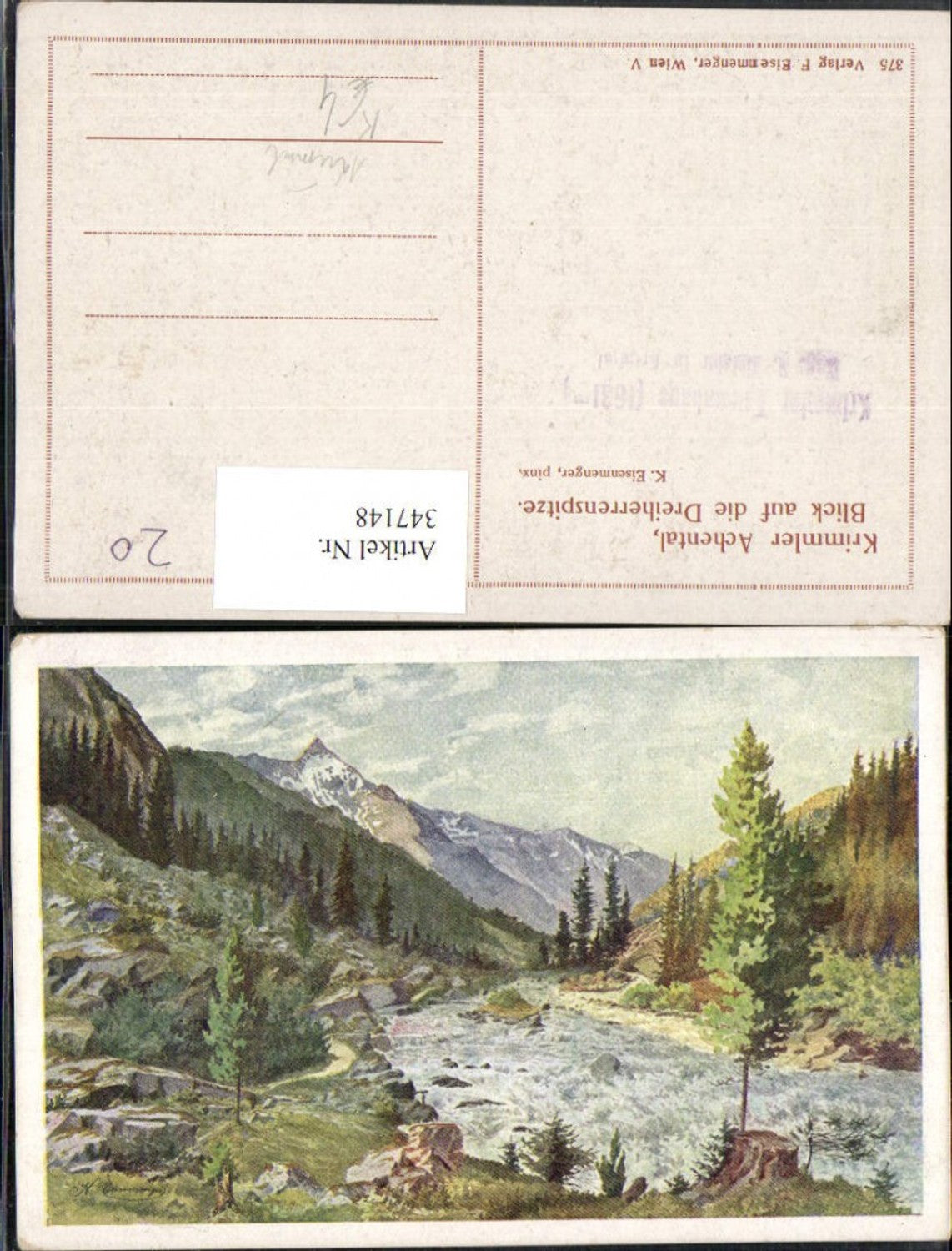 347148,Künstler AK K. Eisenmenger Krimmler Achental b. Krimml m. Dreiherrenspitze