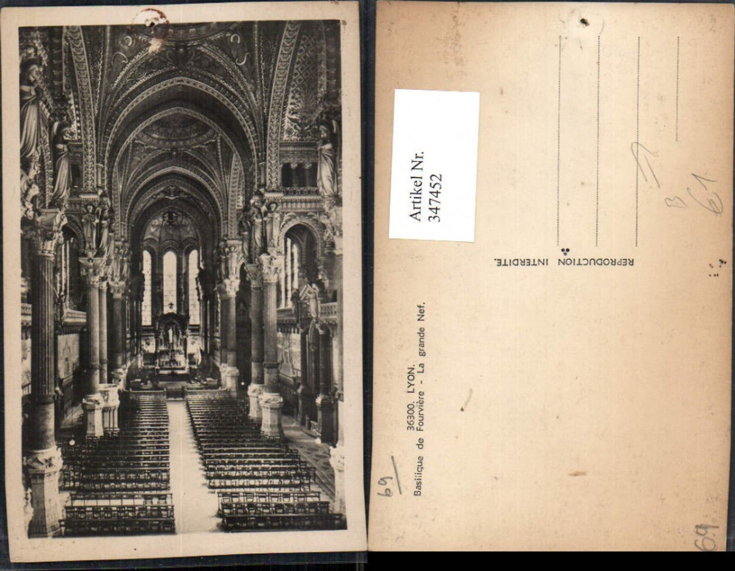 347452,Rhone-Alpes Rhone Lyon Basilique de Fourviere La grande Nef Kirche Innenansicht