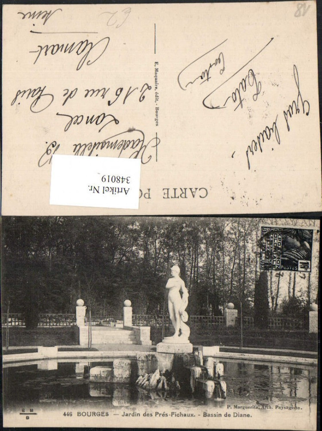 348019,Centre Cher Bourges Jardin des Pres-Fichaux Bassin de Diane Staute Brunnen