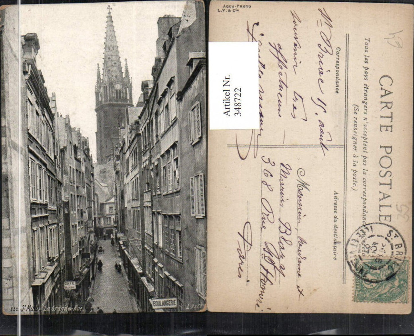 348722,Brittany Ille-et-Vilaine St. Malo La Grande Rue Gasse church tower