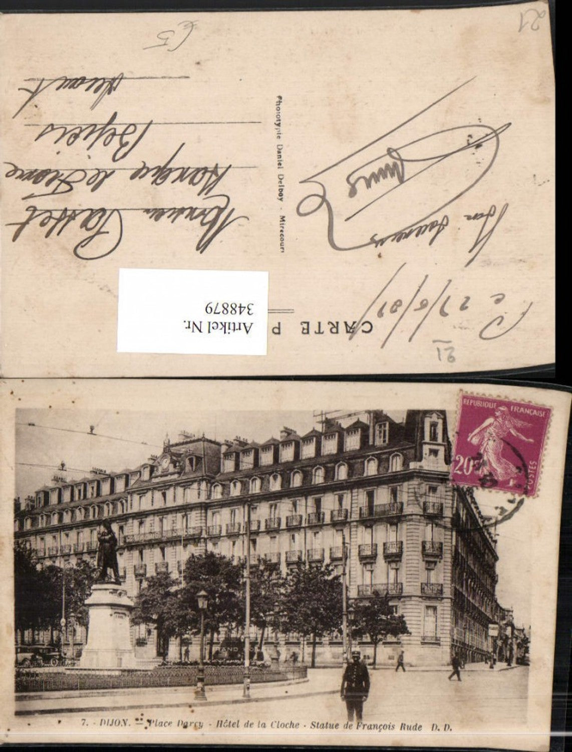 348879,Burgund Cote-Or Dijon Place Darcy Hotel de la Cloche Statue Francois Rude