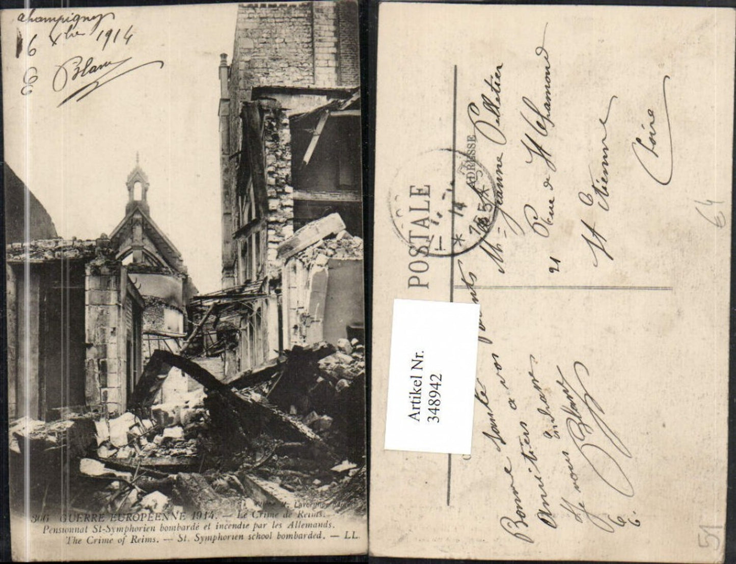 348942,Champagne-Ardenne Marne Le Crime de Reims Pensionnat St-Symphorien Zerstörung