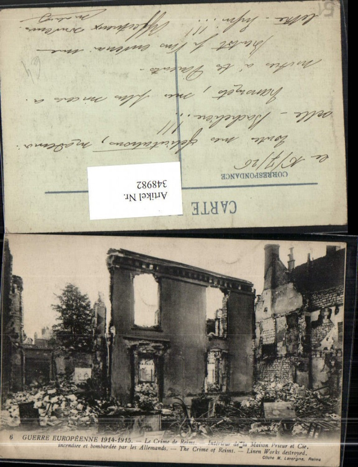 348982,Champagne-Ardenne Marne Le Crime de Reims Interieur de la Maison Prieur et cie Zerstörung