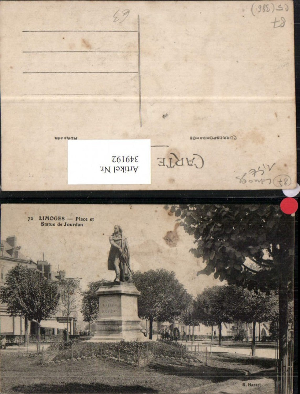 349192,Limousin Haute-Vienne Limoges Place et Statue de Jourdan Denkmal
