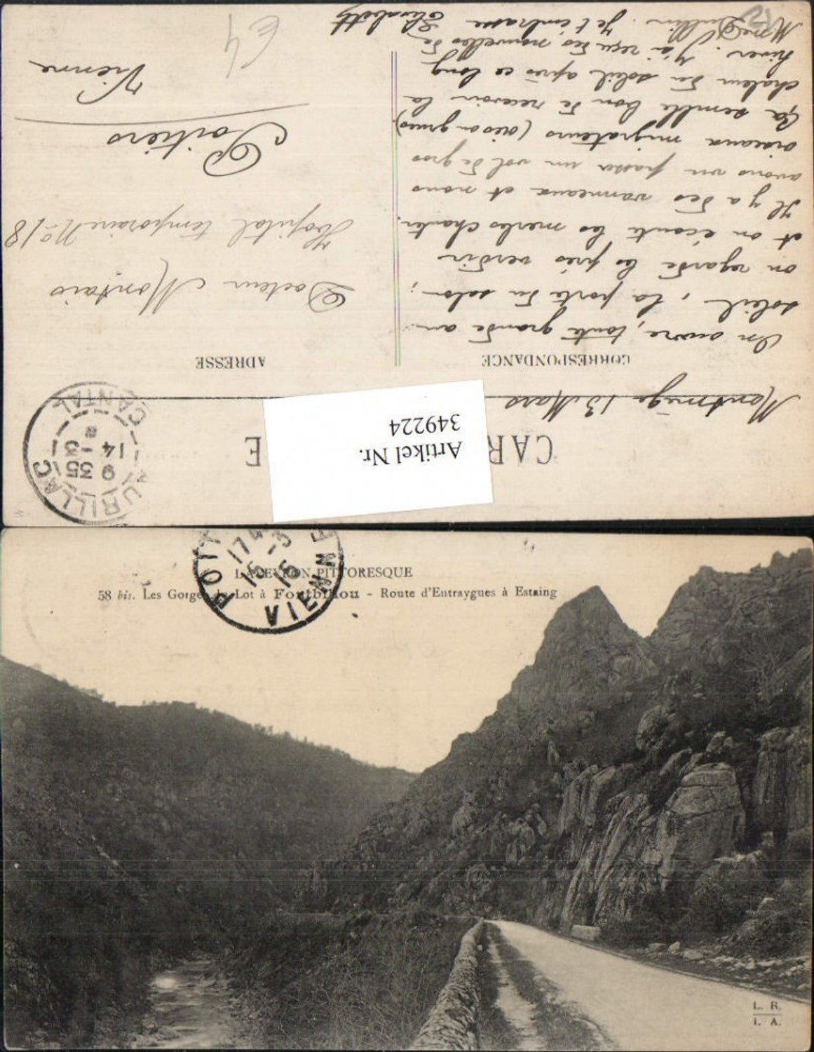 349224,Midi-Pyrenees Aveyron Les Gorges Fontbillou Route d'Entraygues a Estaing