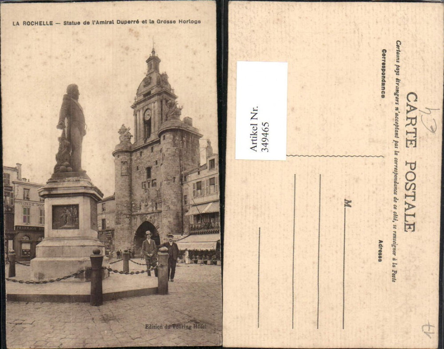 349465,Poitou-Charentes Charente-Maritime La Rochelle Statue l'Amiral Duperre et la Grosse Horloge