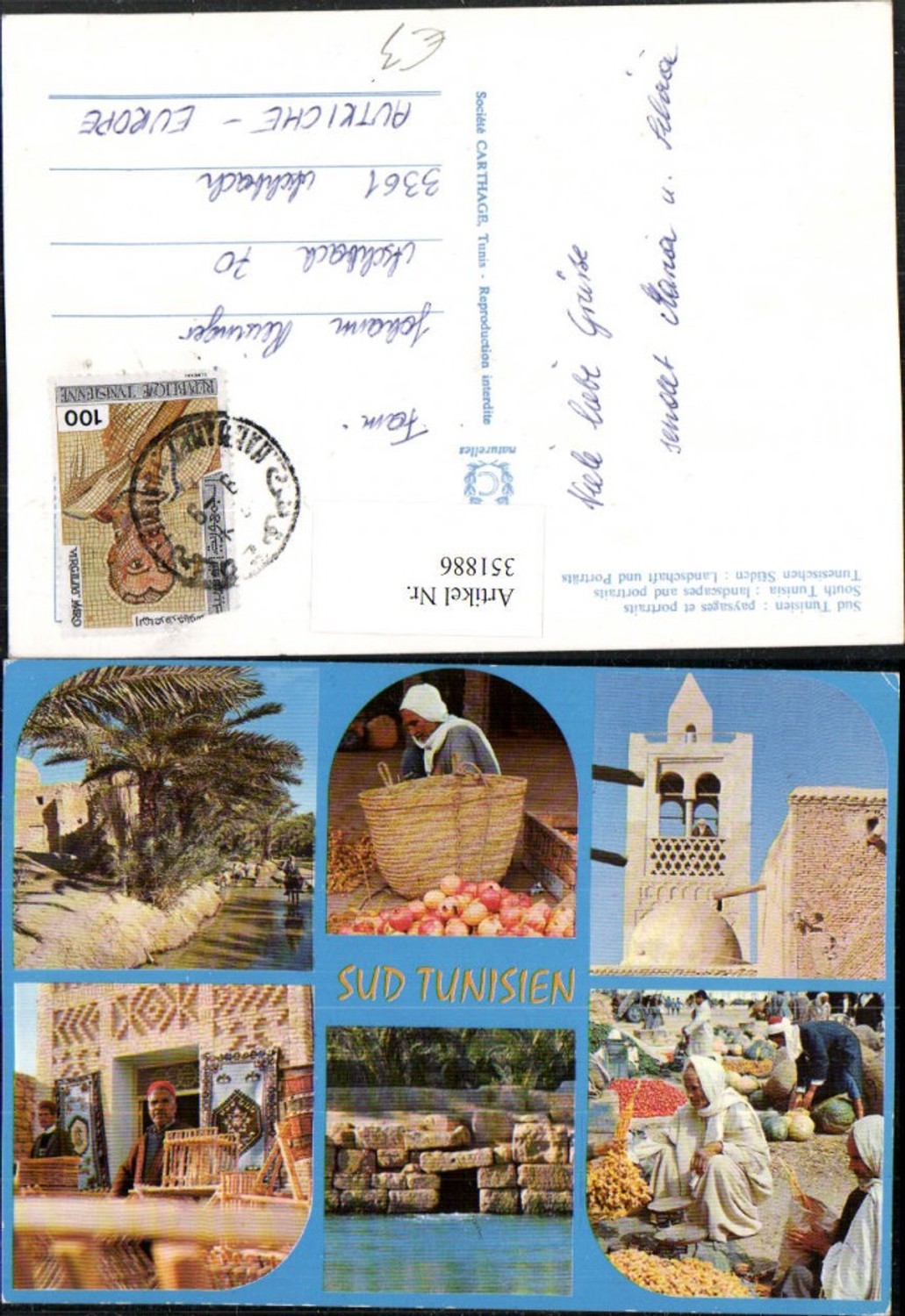 351886,Sud Tunisien paysages et portraits Volkstypen Markt Turm Mehrbildkarte
