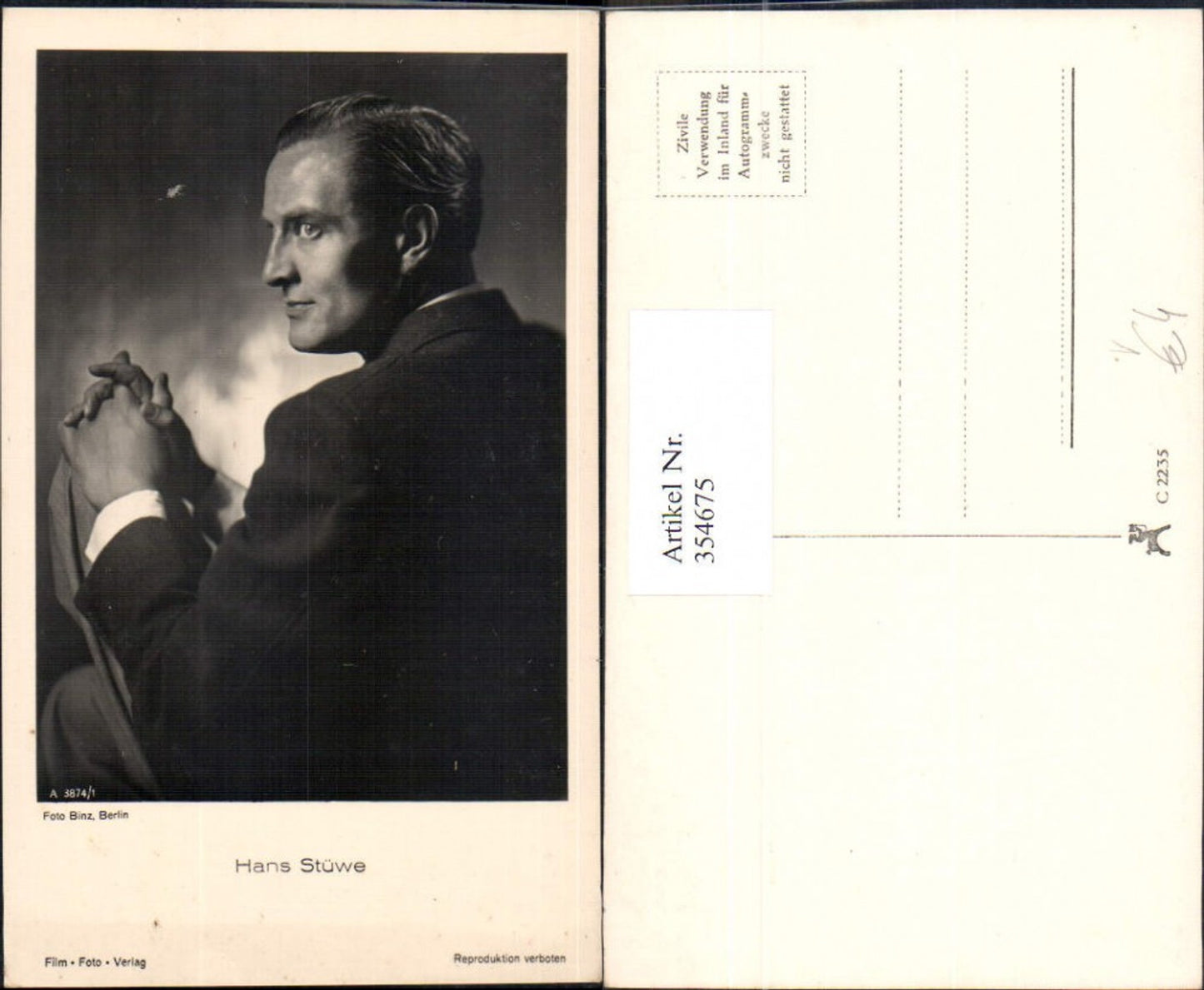 354675,Schauspieler Hans Stüwe pub Film Foto Verlag A 3874/1