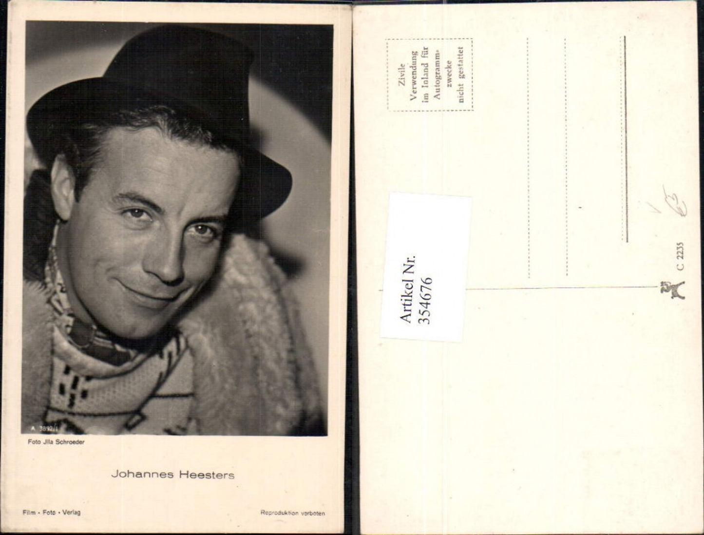 354676,Schauspieler Johannes Heesters Hut pub Film Foto Verlag A 3892/1