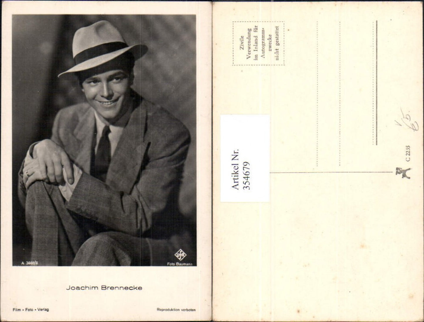 354679,Schauspieler Joachim Brennecke Hut pub Film Foto Verlag A 3660/2