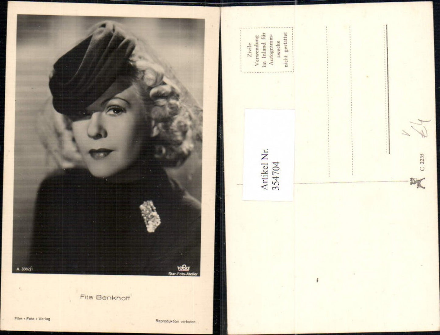354704,Schauspielerin Fita Benkhoff Hut Schmuck pub Film Foto Verlag A 3882/1