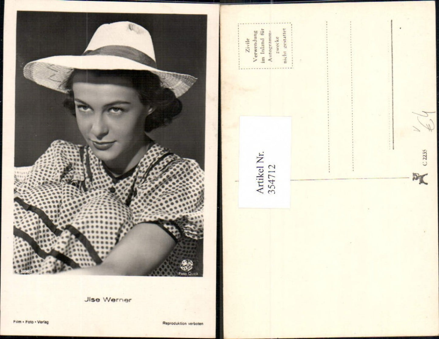 354712,Schauspielerin Ilse Werner Hut pub Film Foto Verlag A 3896/2