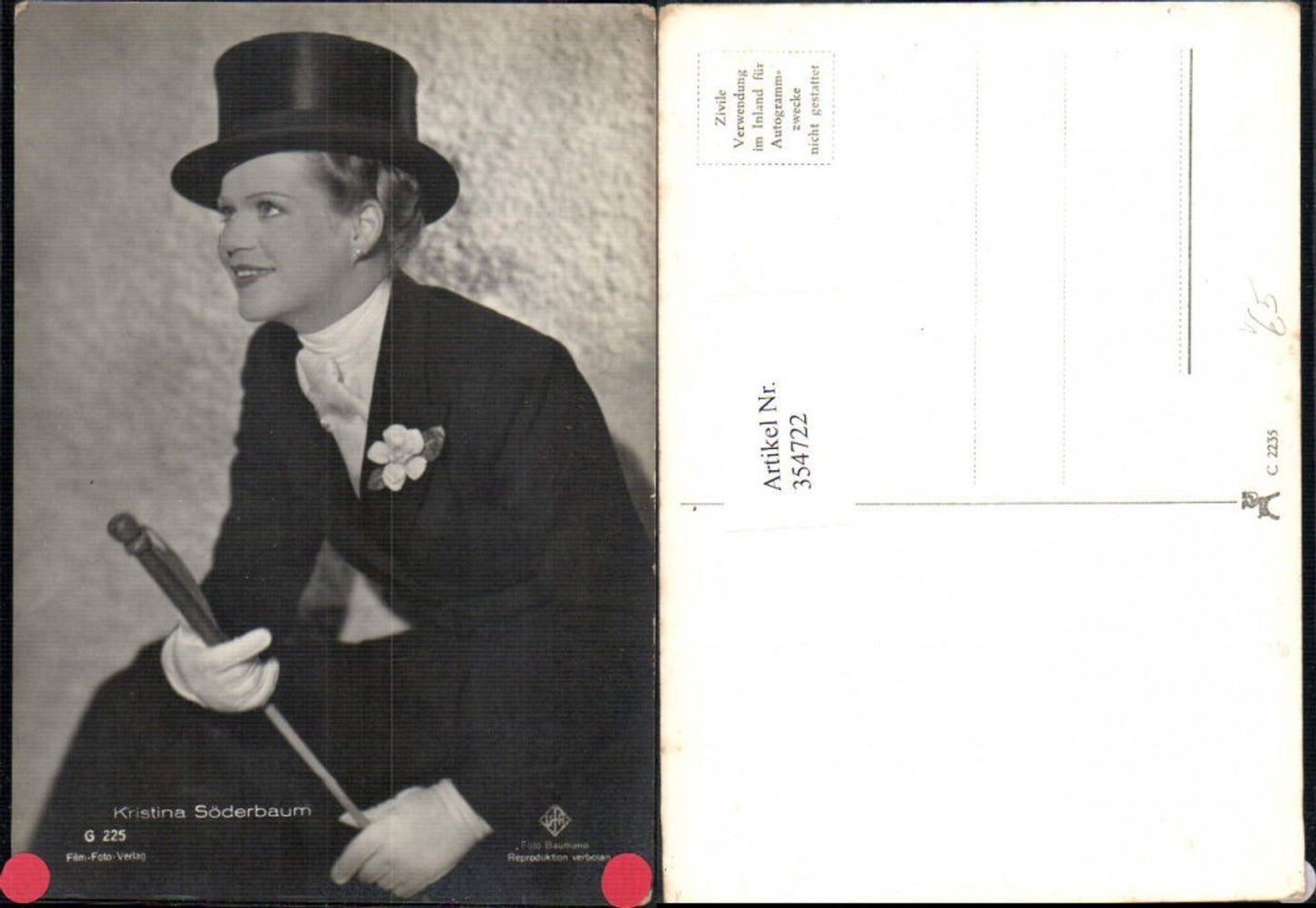 354722,Schauspielerin Kristina Söderbaum Hut Zylinderhut pub Film Foto Verlag G 225