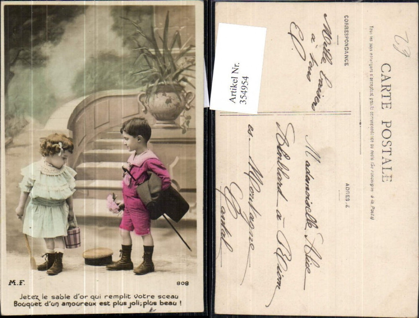 354954,Kinder in Uniform Matrosenanzug Anzug Hut Gehstock Blumen Kübel Löffel Spruch