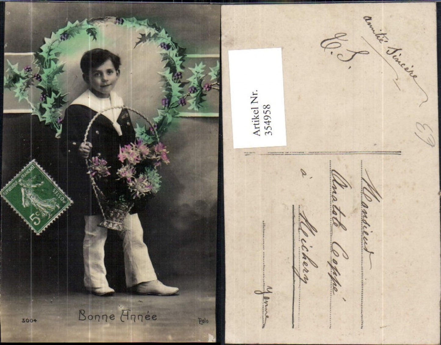 354958,Kinder in Uniform Bub Junge i. Matrosenanzug Korb m. Blumen Bonne Annee