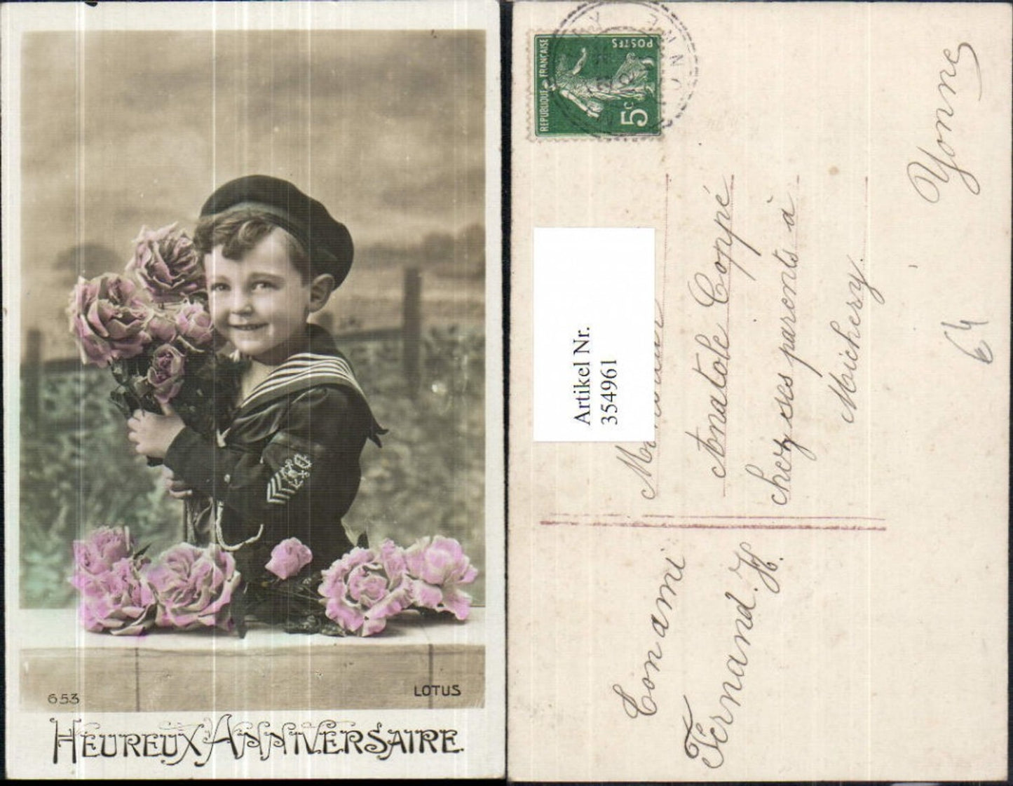 354961,Kinder in Uniform Bub Junge i. Matrosenanzug Blumen Rosen Heureux Anniversaire