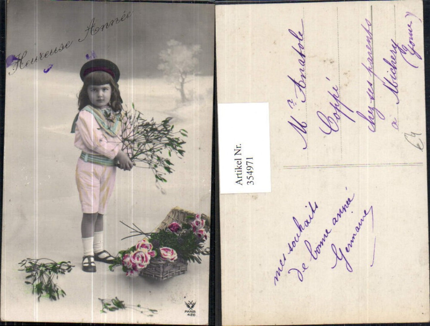 354971,Foto Ak Kinder in Uniform Mädchen Matrosenanzug Korb m. Rosen Mistel Winterlandschaft