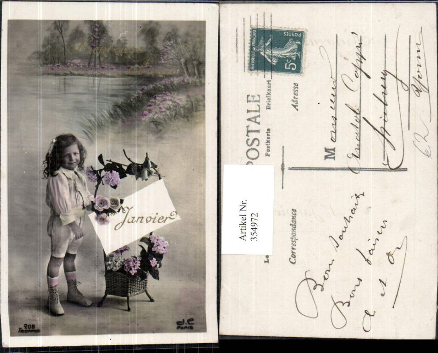 354972,Kinder in Uniform Mädchen Matrosenanzug Korb m. Rosen Blumen Janvier Heureuse Annee