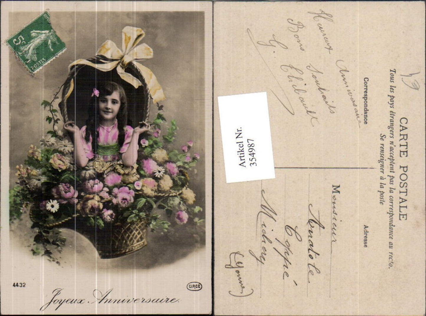 354987,Kind Mädchen Korb m. Schleife Rosen Joyeux Anniversaire