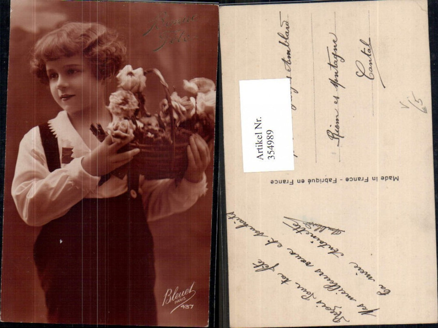 354989,Kind Junge Bub Korb m. Rosen Blumen pub Bleuet Paris 437
