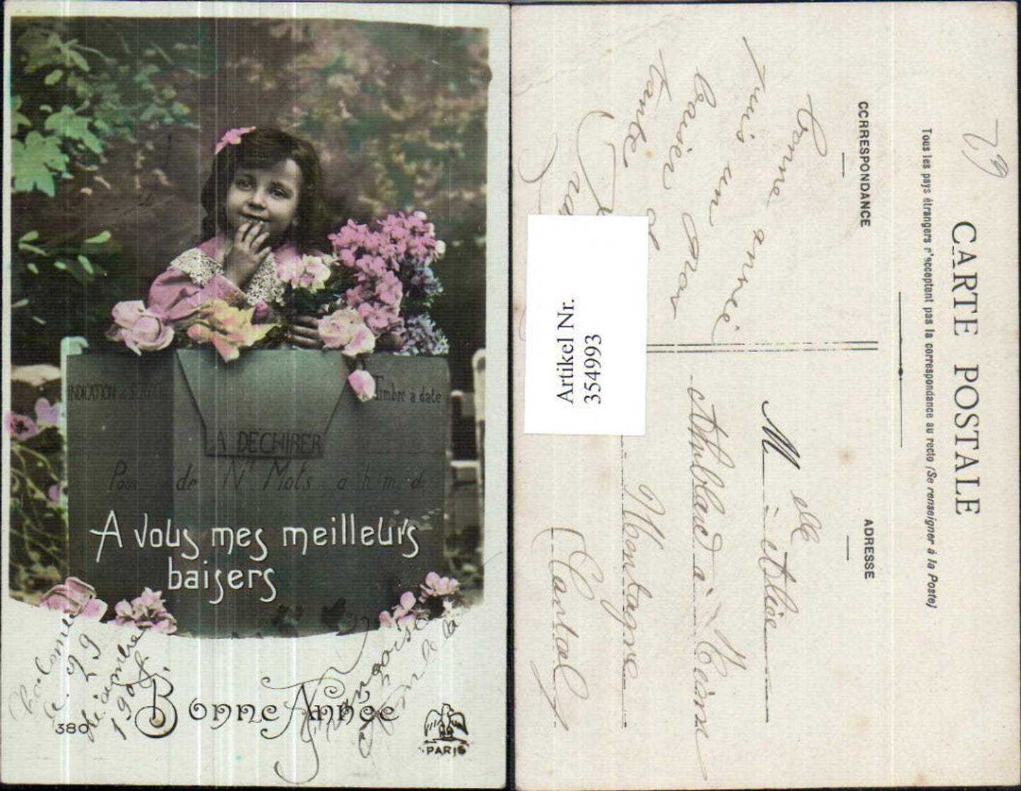 354993,Kind Mädchen Papierkiste Kuvert Blumenstrauß Bonne Annee