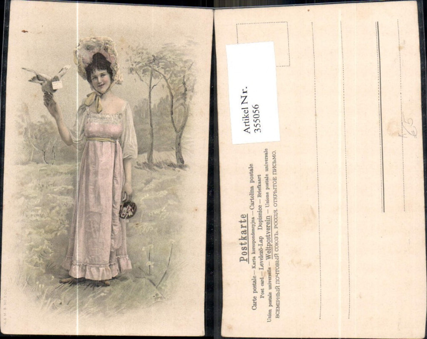 355056,Künstler Ak Frau m. Korb Hut Taube Brieftaube Landschaft