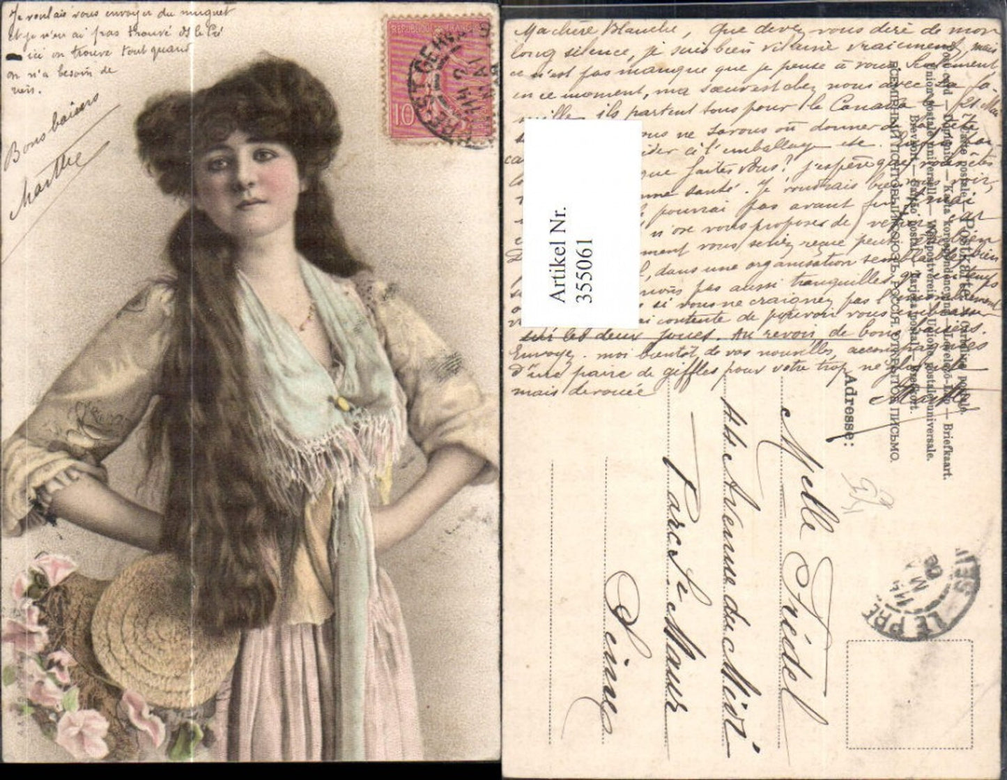 355061,Künstler Ak Frau m. langen Haaren Hut Haarmode