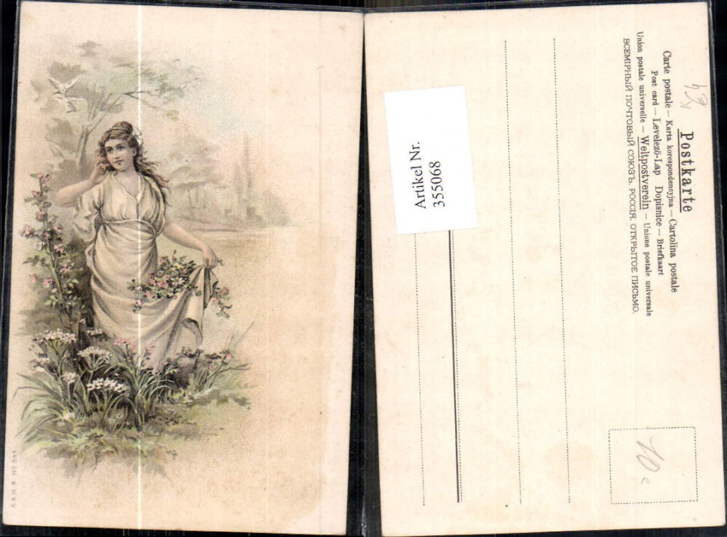 355068,Künstler Ak Frau Kleid Haarband Tauben Blumen Landschaft