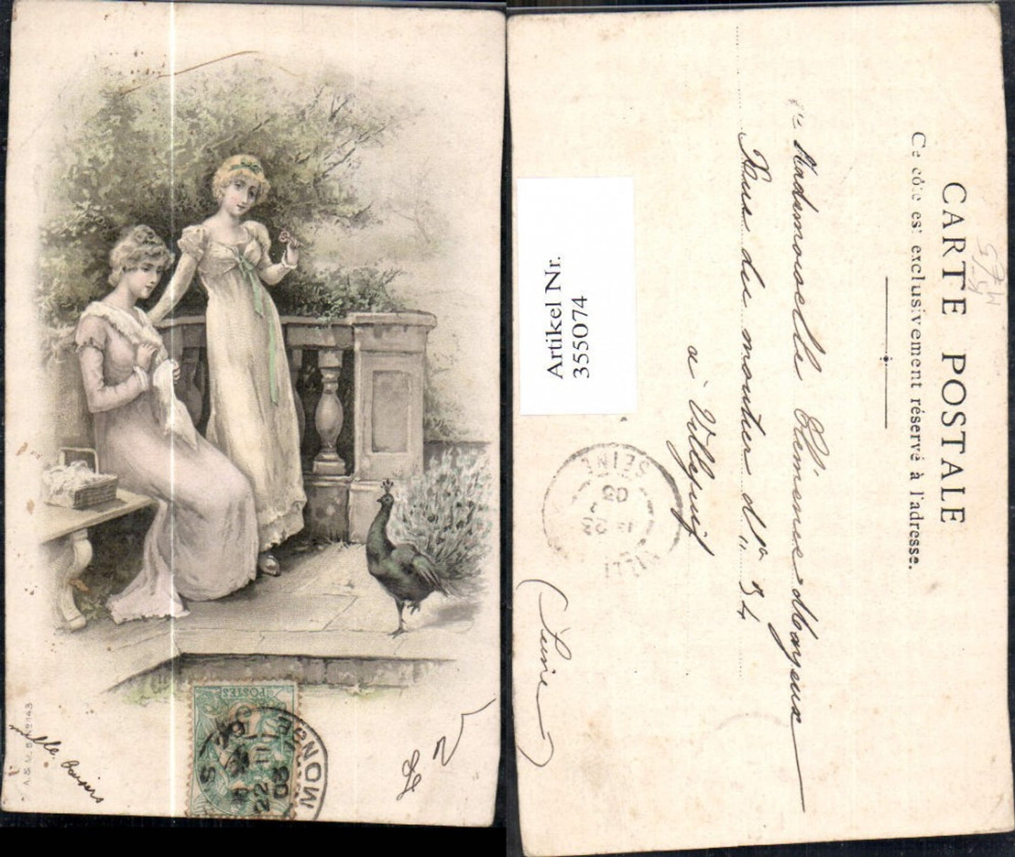 355074,Künstler Ak Frauen Kleider Korb Nähen Stick Pfau