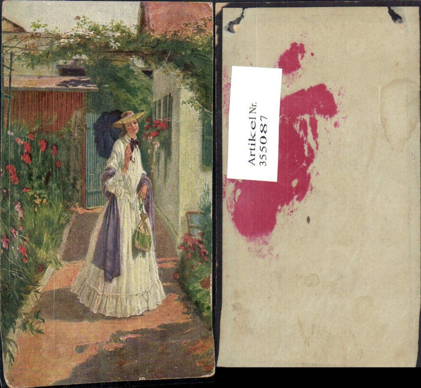355087,Künstler Ak Frau m. Hut Schirm Kleid Handtasche