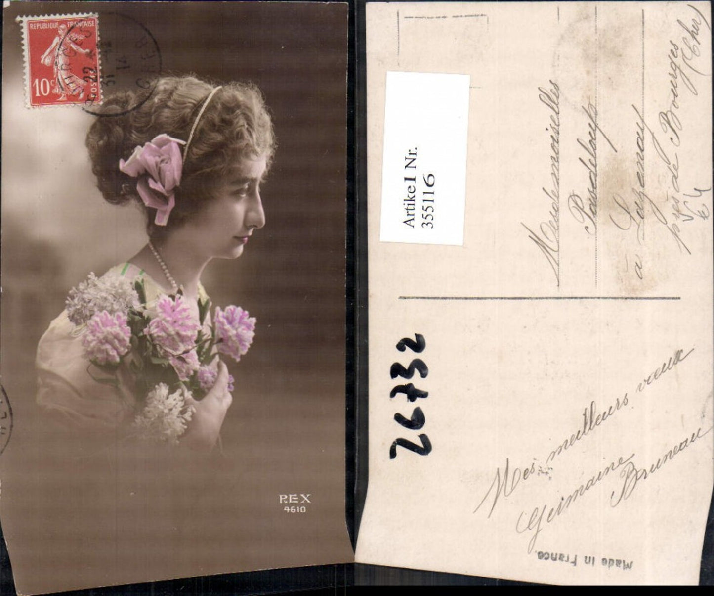 355116,Foto Ak Frau Haarschmuck Rosen Blumenstrauß Blumen pub REX 4610