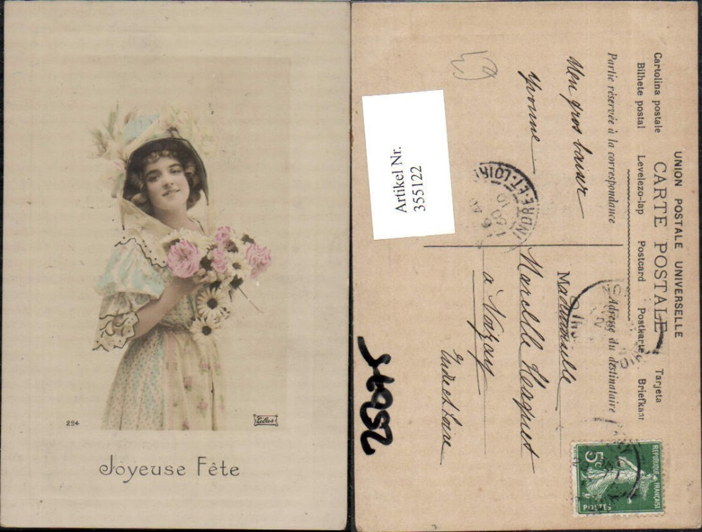 355122,Frau Hut Hutmode Blumen Strauß Joyeuse Fete Passepartout