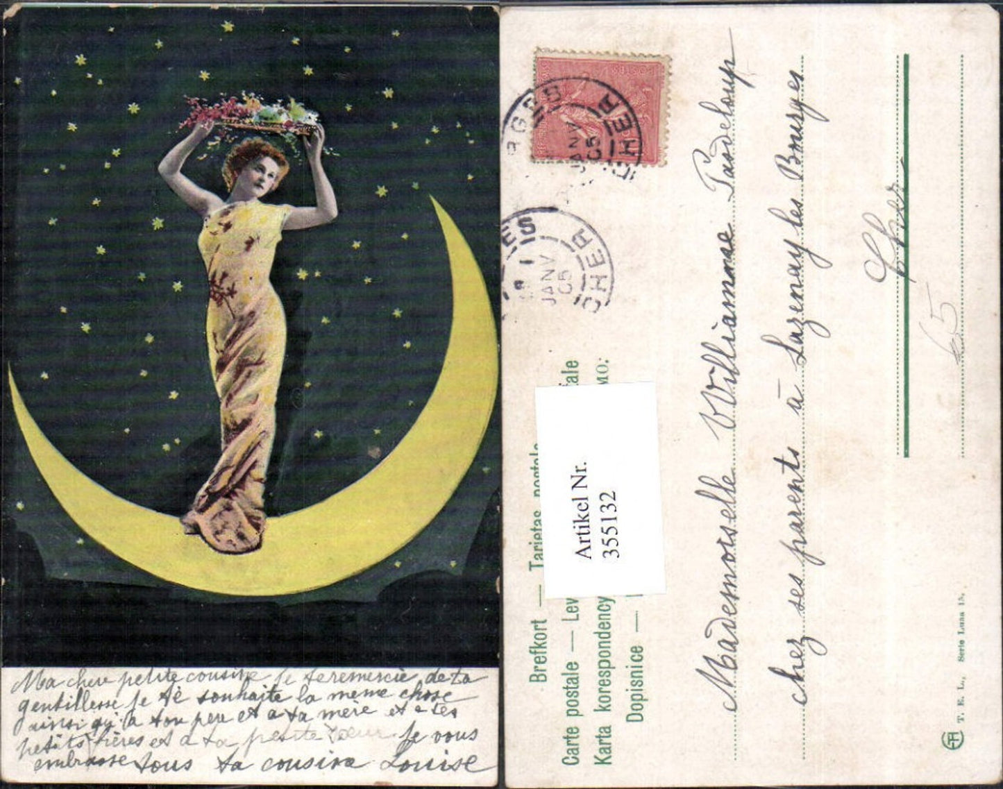 355132,Frau m. Teller Früchte a. Sichelmond stehend Sterne