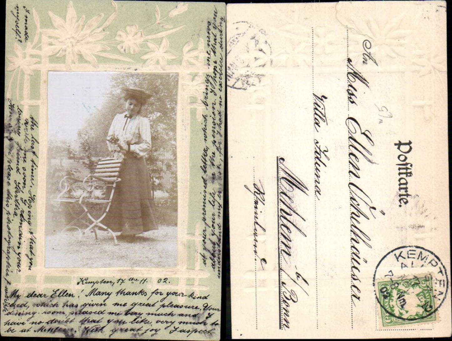 355166, Photo glued on, embossed, passe-partout, woman with hat, standing by chair, Kempten