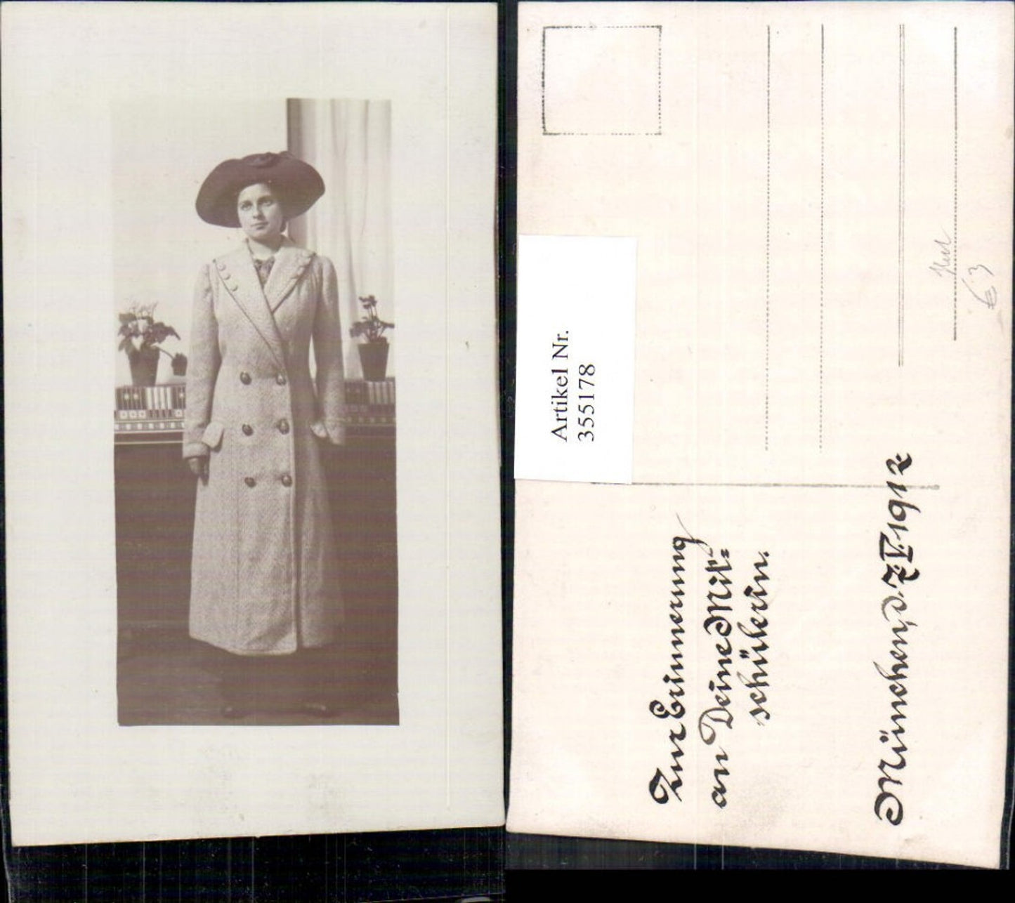 355178,Foto Ak Frau mit Hut Kleid Passepartout