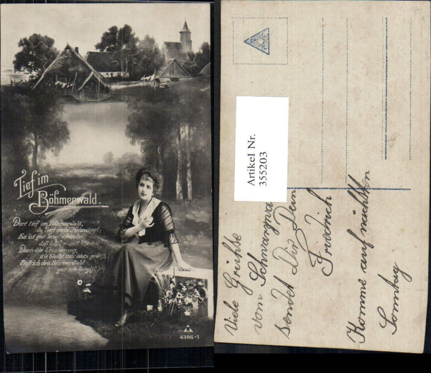 355203,Fotomontage Frau a. Bank Dorf Kirche Böhmerwald Spruch