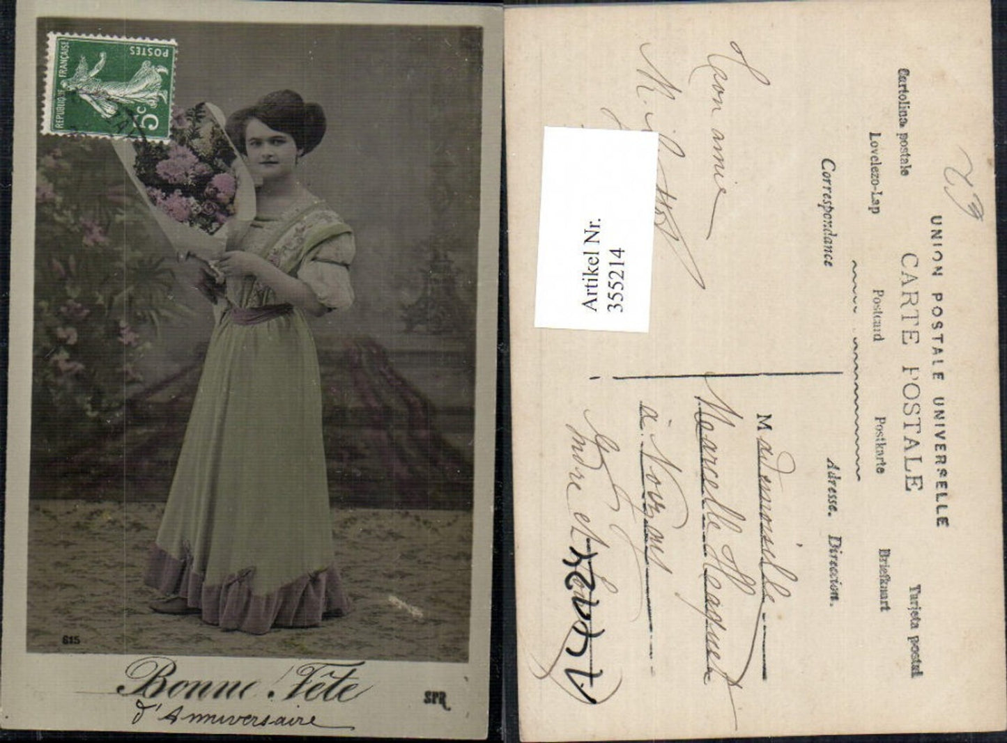 355214,Foto Ak Frau Kleid Blumenstrauß Bonne Fete