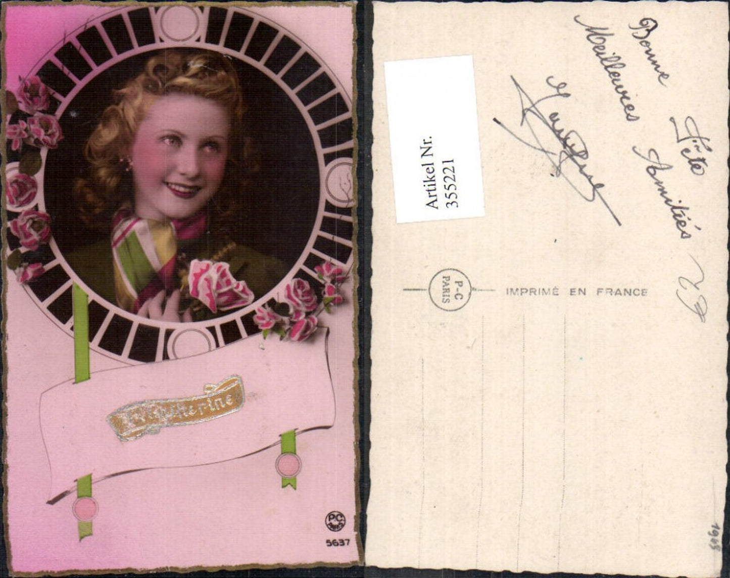 355221,Foto Ak Frau Lockenkopf Rosen Ste Catherine Passepartout pub P. C. Paris 5637