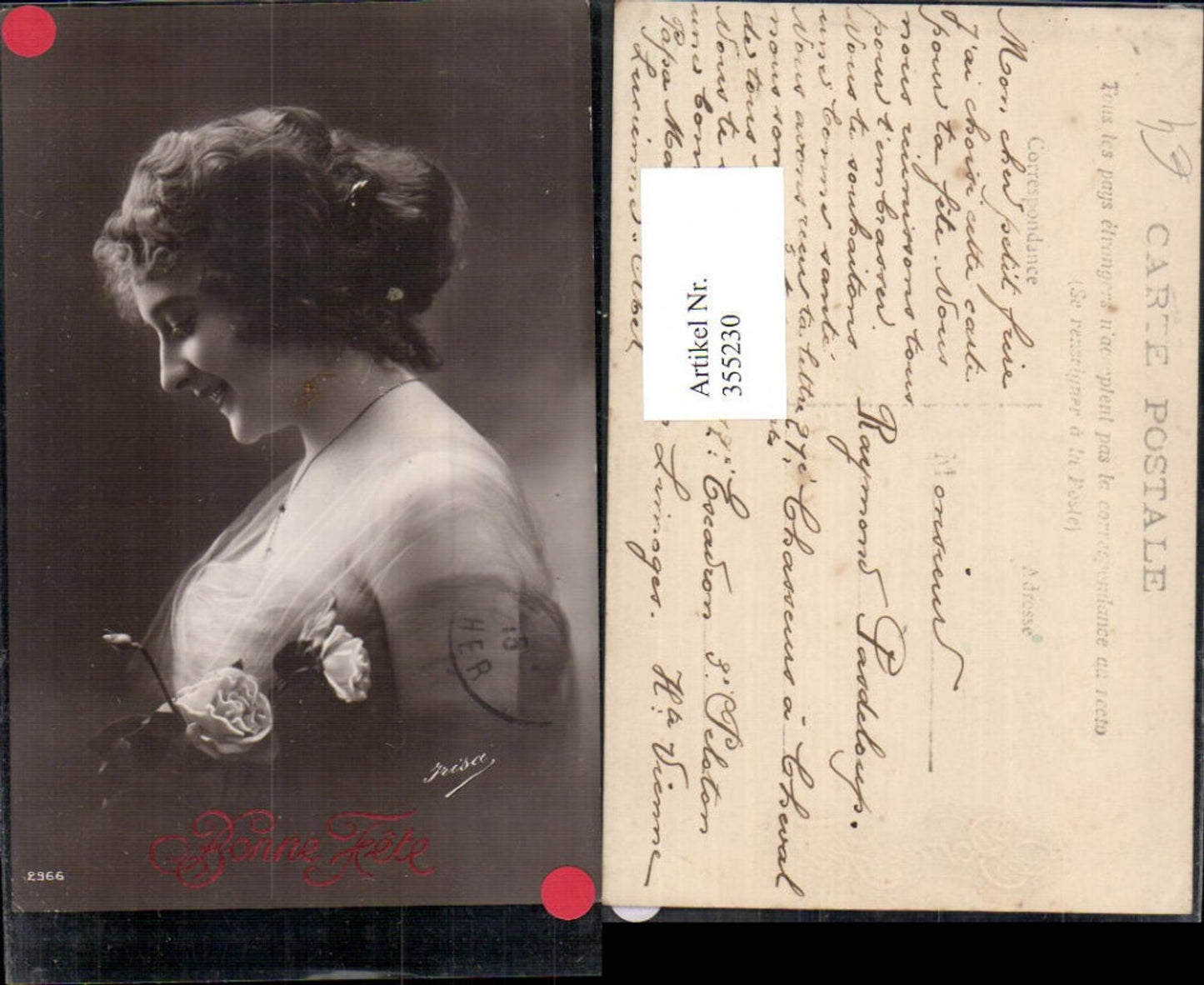 355230, Photo AK Woman Curly Hair Hair Roses Flowers Portrait Bonne Fete
